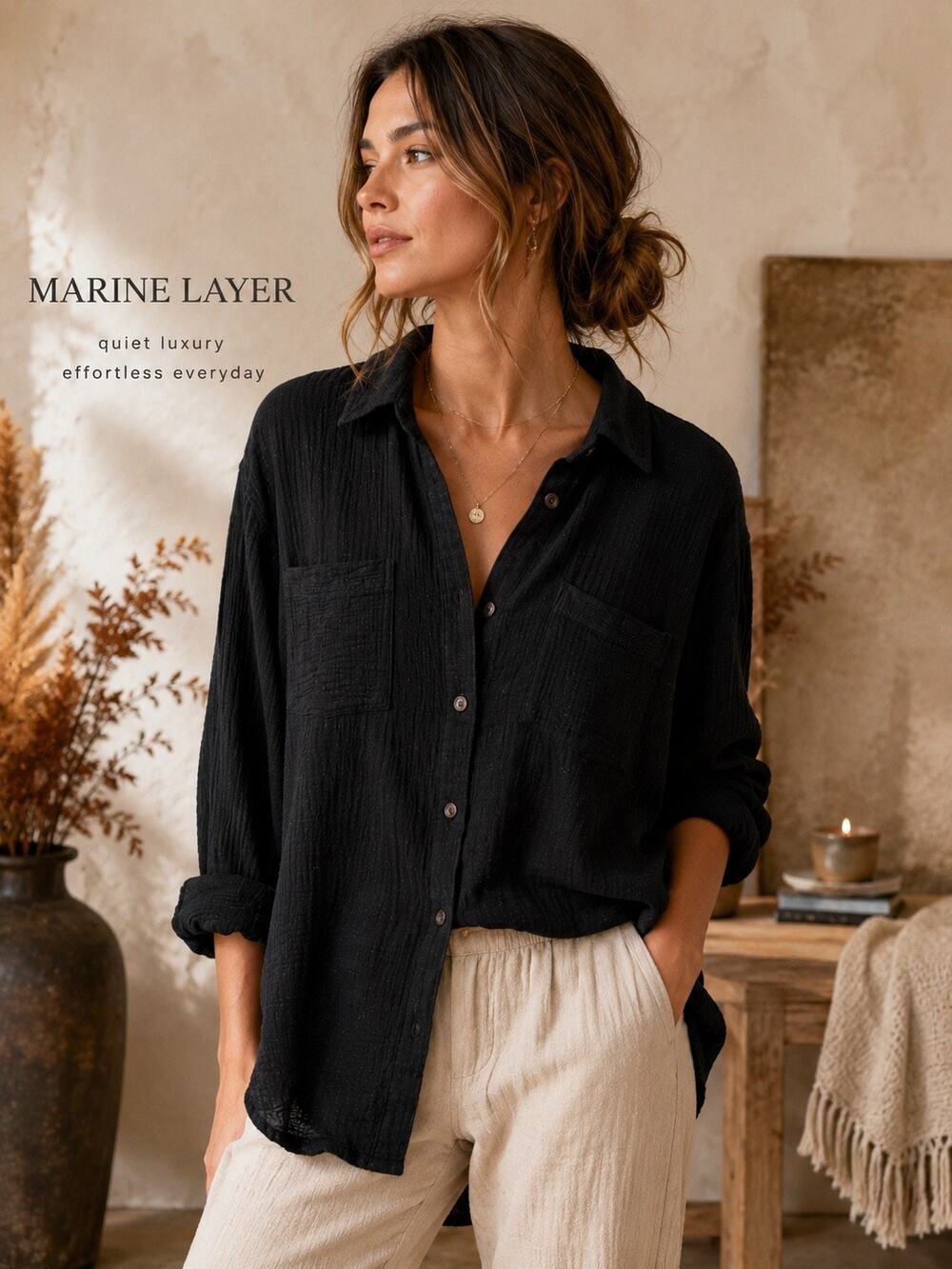 Quiet Luxury Coastal Marine Layer Jane Black Double Cloth Gauze Shirt Lagenlook